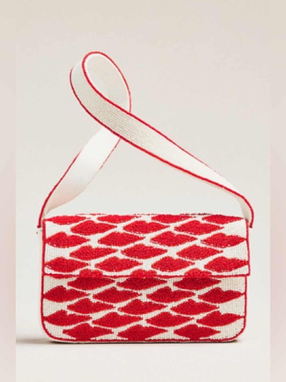NWT Size OS - Anthropologie Fiona Red and White Beaded Shoulder Bag Lips